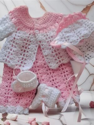 Pink and White Crocheted Baby Set for 6 to 9 months