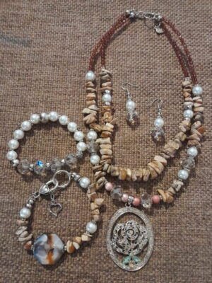 Natural Stone and Glass Bead Rose Pendant Necklace Set - Handcrafted jewelry ensemble with stone beads