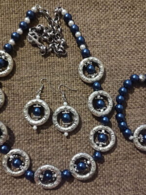 Silver Loop Dark Royal Blue Necklace Set - Handcrafted jewelry ensemble with dark royal blue pearl beads