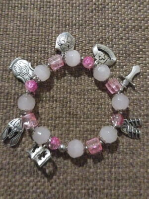 Pink Armour of God Bracelet - Milky white and crystal pink beads with silver charms and sliders