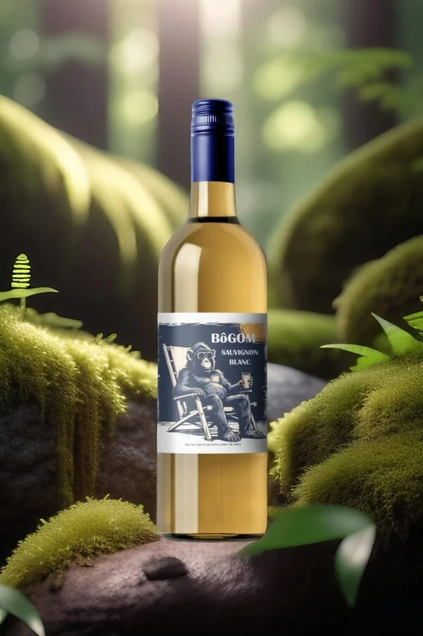 Sauvignon-Blanc-2-600x901.jpg Bottle of Sauvignon Blanc 2022 wine in a forest setting with trees and greenery.