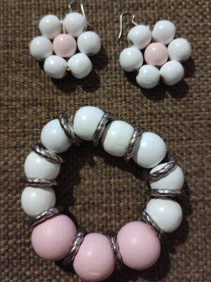 Soft Pink Wooden Bracelet Set - Handcrafted jewelry featuring medium white and larger pink wooden beads with silver dividers